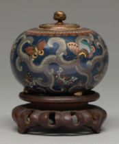 A Japanese cloisonne enamel jar and cover, Meiji period, enamelled with butterflies and a long