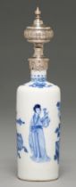 A Chinese blue and white rouleau vase, 19th c, painted with young women and auspicious objects,
