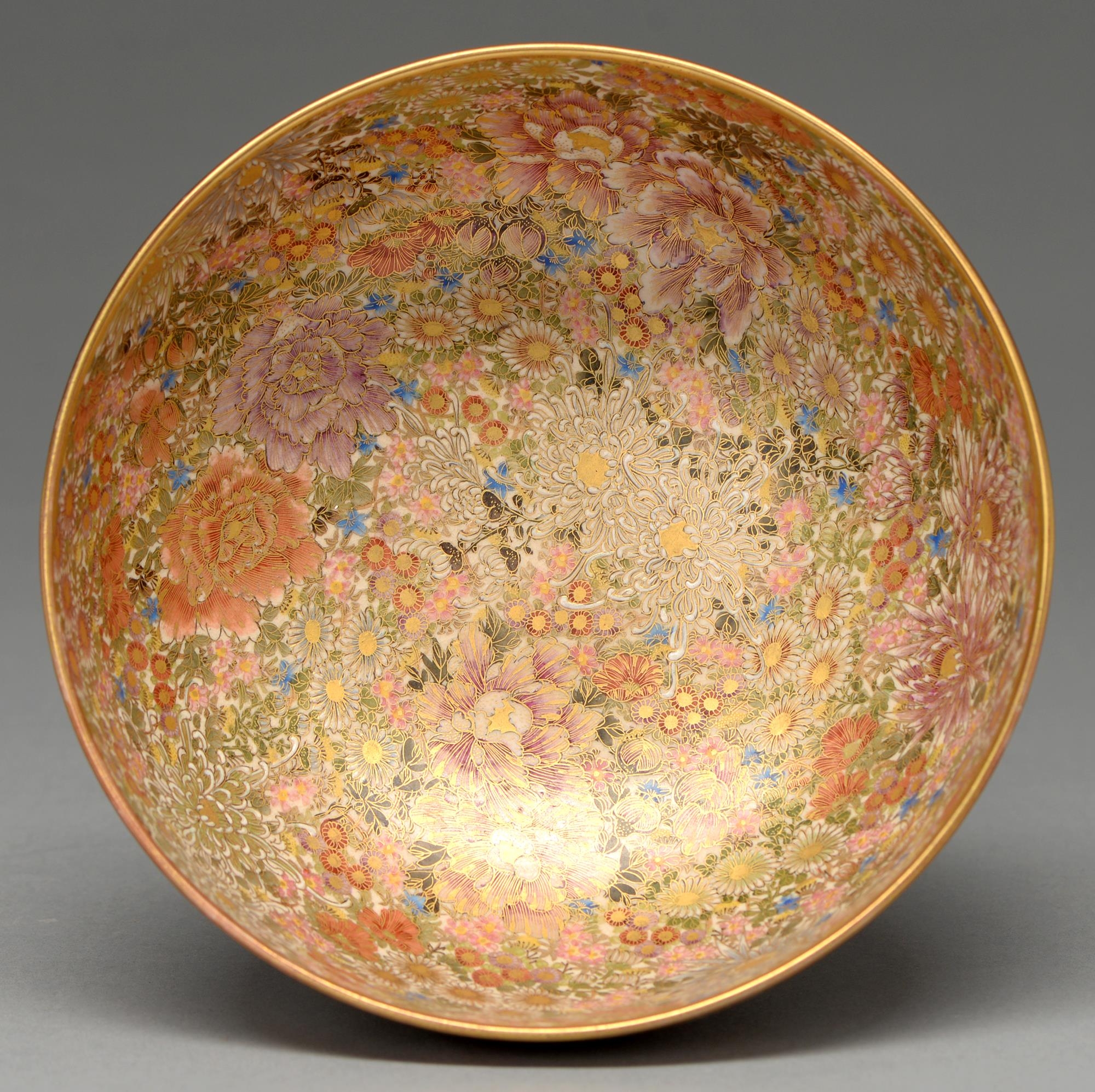 A Satsuma ware millefleurs bowl, Meiji period, on gilt foot, 19cm diam, gilt signature and shimazu - Image 3 of 4