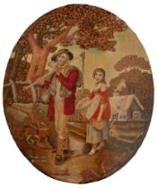 A Regency embroidered silk, wool and watercolour picture of man with scythe, oval, 32cm, in verre