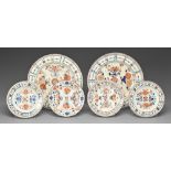 Two Chinese Imari and three plates, similar to the three preceding lots, 18th c, largest dish 36cm