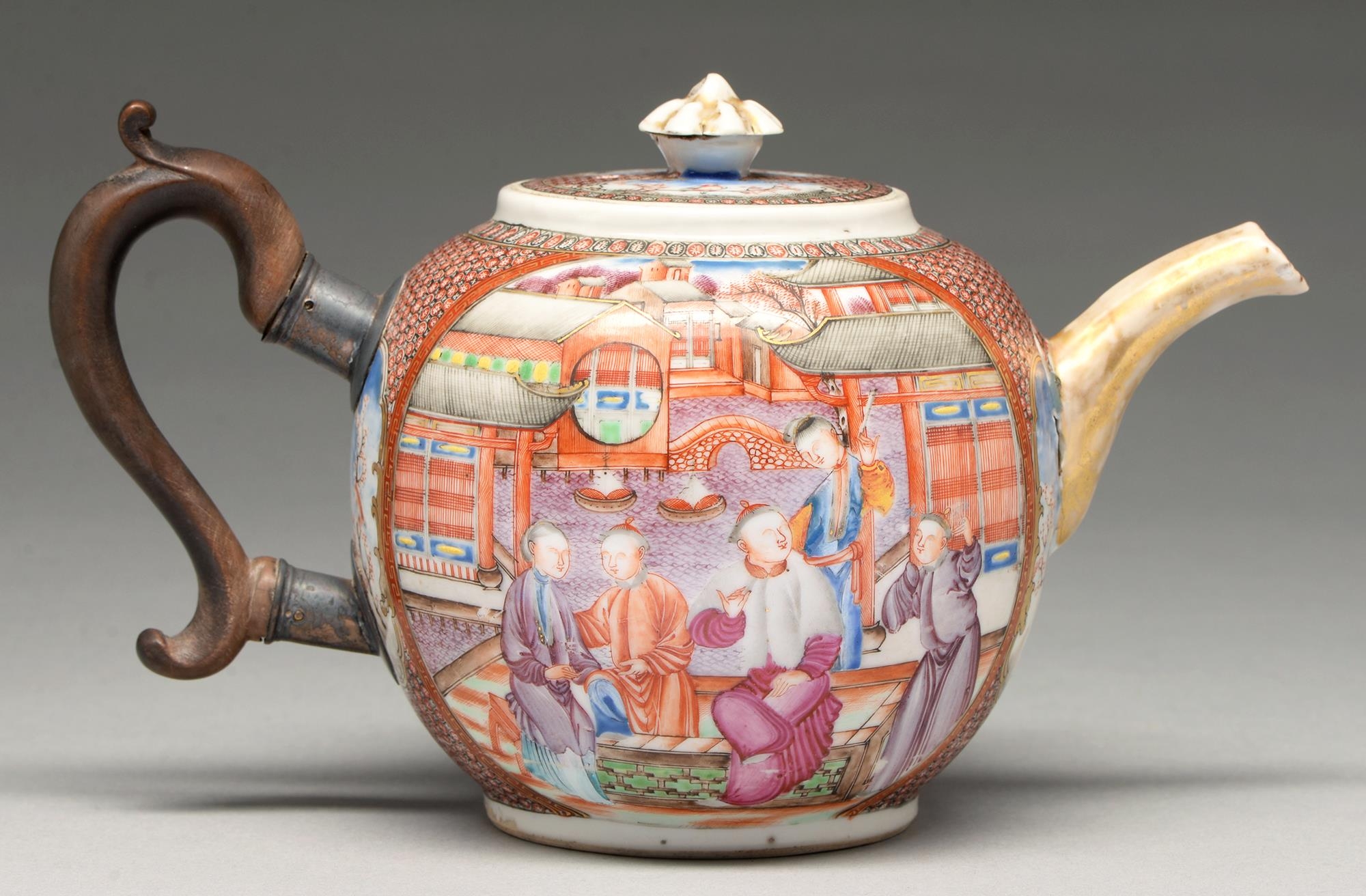 A Chinese famille rose teapot and cover, 18th c, globular and enamelled with two 'mandarin' scenes