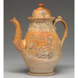 A Midlands saltglazed brown stoneware teapot and cover, dated 1863, impressed in printer's type S