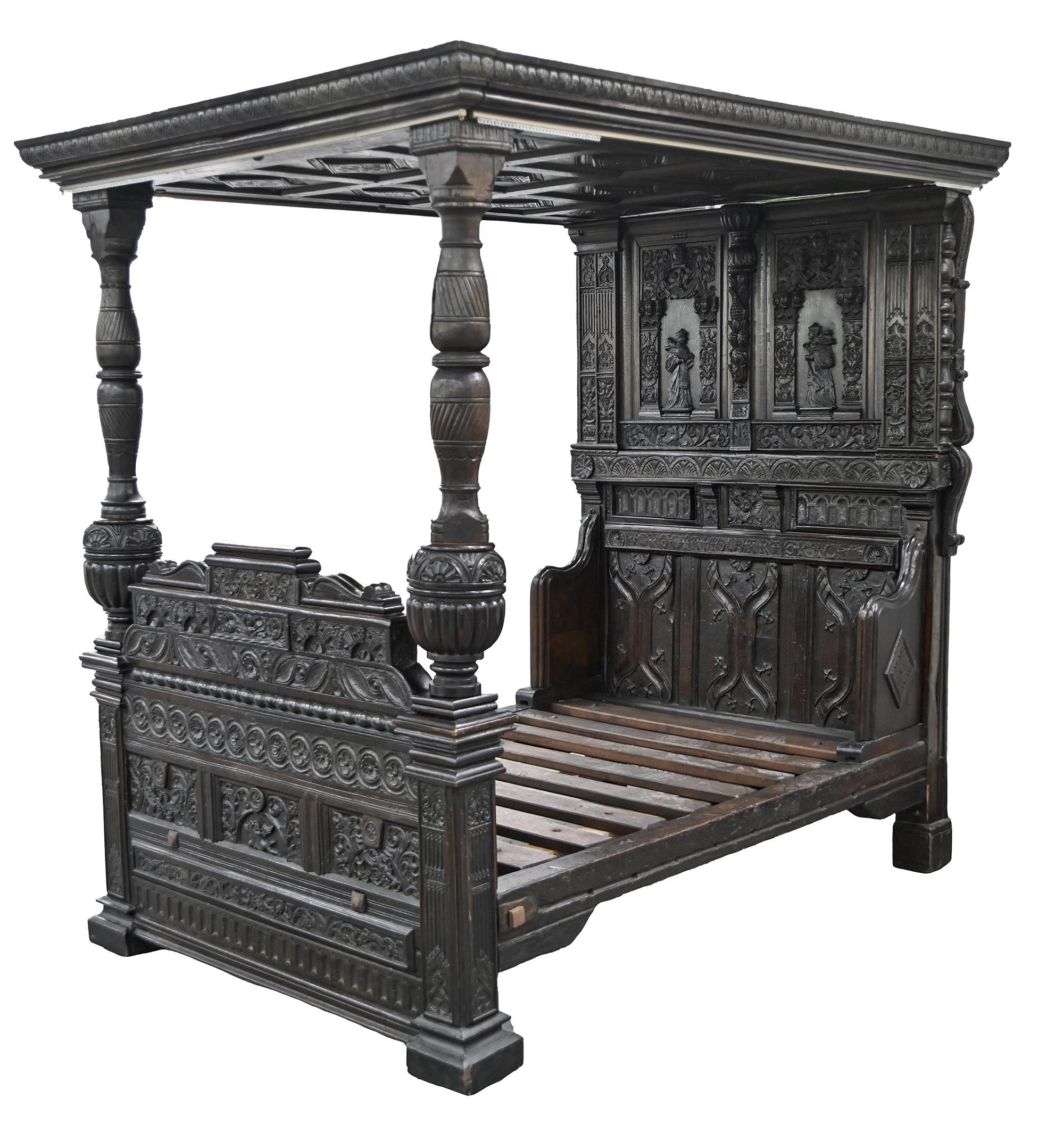 An oak four poster bed, mid 17th c,  the diamond panelled tester with carved cushion moulded - Image 2 of 2