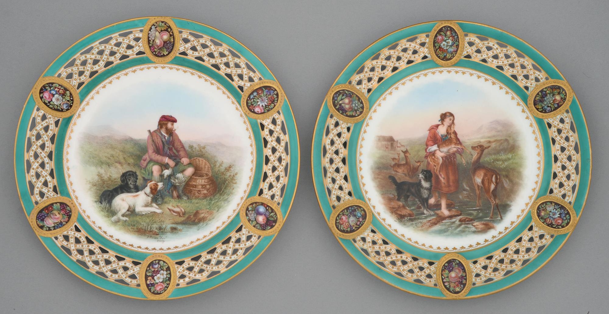 A pair of Minton pierced dessert plates, outside-decorated, 1870 and 1876, painted by James Rouse,