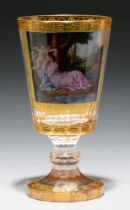 A Viennese transparent enamelled glass goblet, early 19th c, with a square amber flashed and gilt