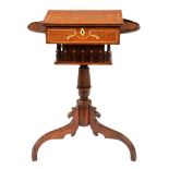 A Continental bone-inlaid walnut, fruitwood and purple wood work table, 19th c, the fitted