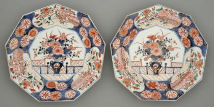 A pair of Imari nonagonal dishes, Edo period, 18th c, painted in underglaze blue and enamelled in
