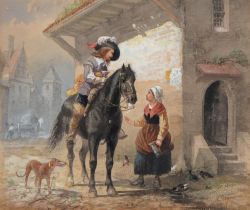 Richard Beavis (1824-1896) - A Cavalier Taking Refreshment at an Inn, signed and inscribed sketch,