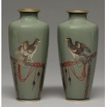 A pair of Japanese cloisonne enamel vases, Taisho period, enamelled in silver wire cloisons with a