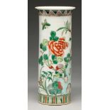 A Chinese famille verte vase, 20th c, cylindrical with flared neck, enamelled with tree peony, 26.