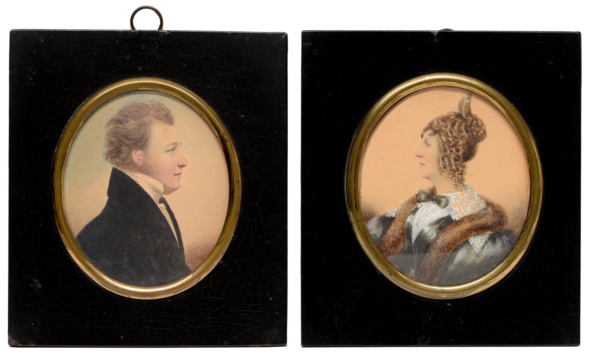 English School, early 19th c - Portrait Miniatures of Mr and Mrs George Farren, a pair,