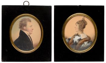 English School, early 19th c - Portrait Miniatures of Mr and Mrs George Farren, a pair,
