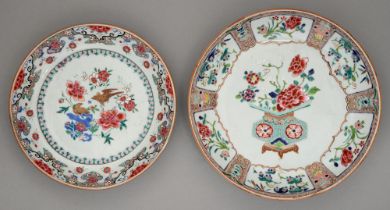 Two Chinese famille rose dishes, c1780, enamelled with a flower filled vase or birds and flowers,