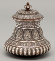 An Indian brass box and cover, pandan, 19th c, applied with cast and chased silvered decoration, the