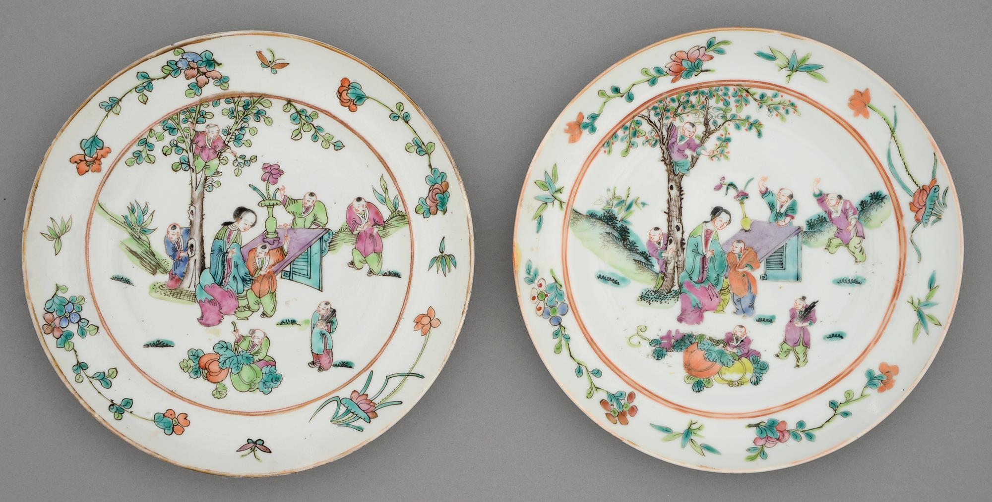 Two Chinese famille rose plates, late 19th c, painted with a lady at a table attended by seven young