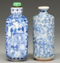 Two Chinese blue and white snuff bottles, 19th / 20th c, one of square section, the other