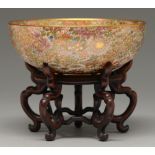 A Satsuma ware millefleurs bowl, Meiji period, on gilt foot, 19cm diam, gilt signature and shimazu