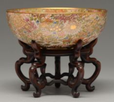 A Satsuma ware millefleurs bowl, Meiji period, on gilt foot, 19cm diam, gilt signature and shimazu