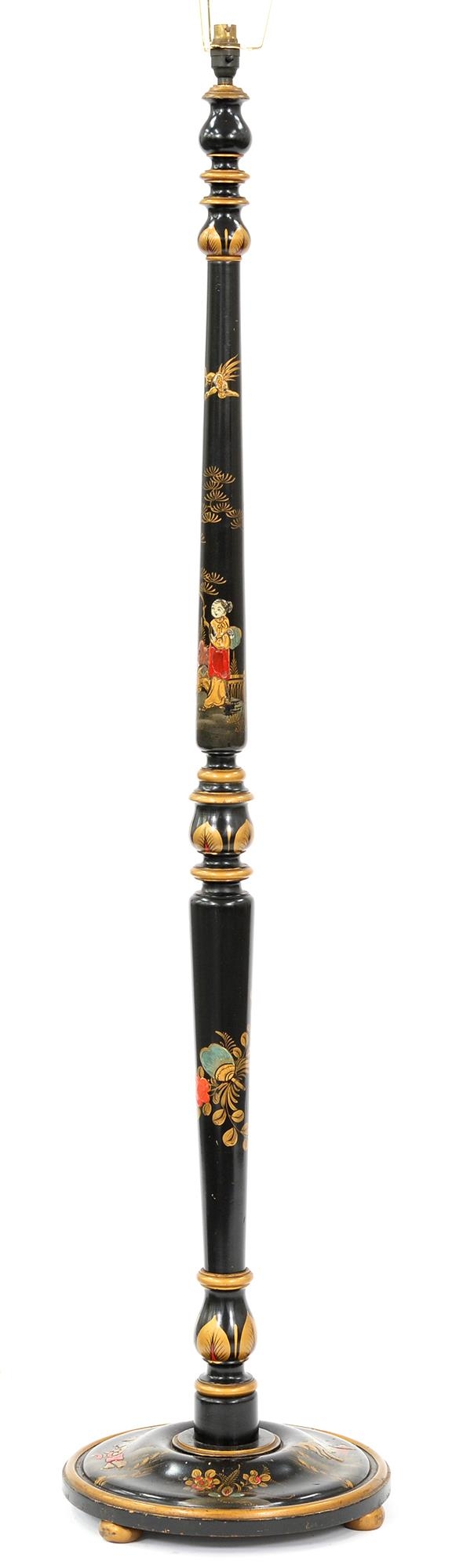 A turned wood and black japanned standard lamp, c1930, decorated with chinoiseries, 152cm h