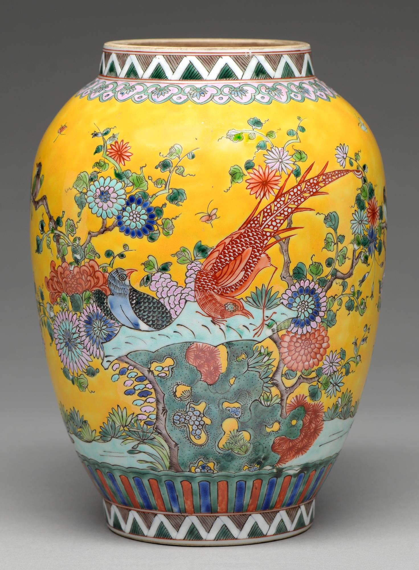 A Chinese yellow ground famille rose jar, 20th c, enamelled with birds, waterfowl and flowering