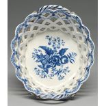A Worcester blue and white pierced basket, c1775, transfer printed with the Pinecone pattern, 22.5cm