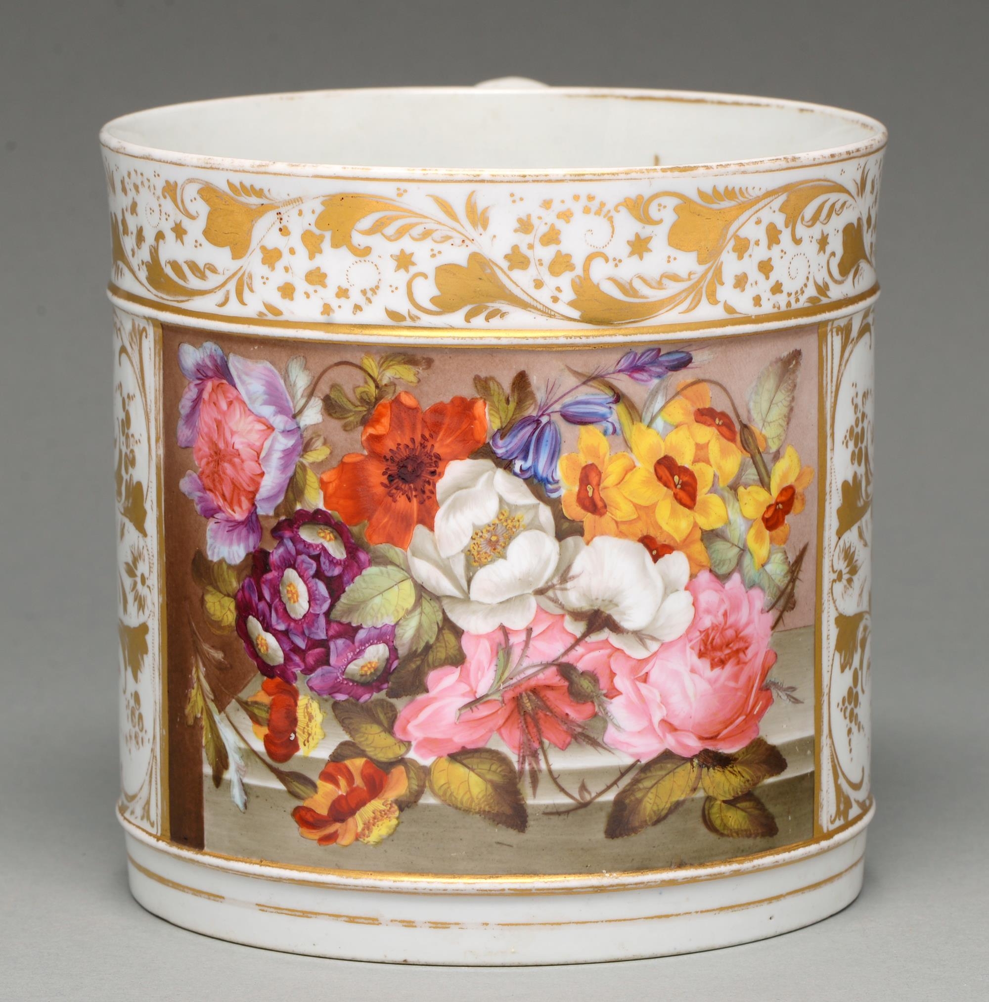 A Derby porter mug, c1820, painted with a group of luxuriant flowers on a marble ledge, and gilt,