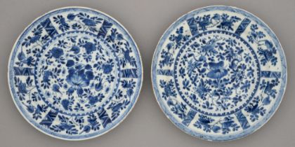 Two Chinese blue and white plates, Kangxi period, painted with flowers and birds in panelled