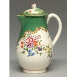 A Worcester hot milk jug and cover, c1770, enamelled beneath a shaped apple green and gilt rococo