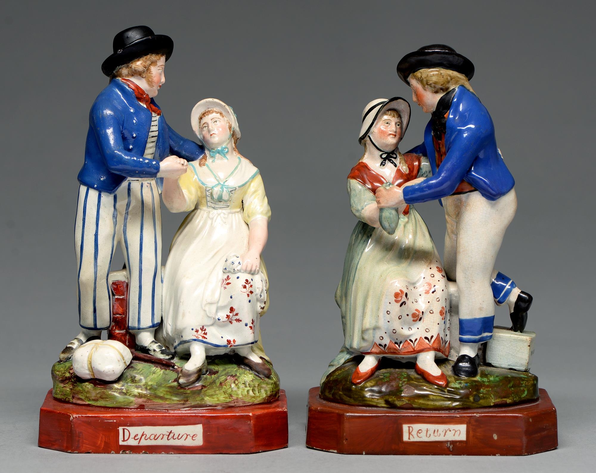A pair of Staffordshire pearlware groups of the Sailor's Departure and Return, c1830, painted in