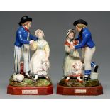 A pair of Staffordshire pearlware groups of the Sailor's Departure and Return, c1830, painted in