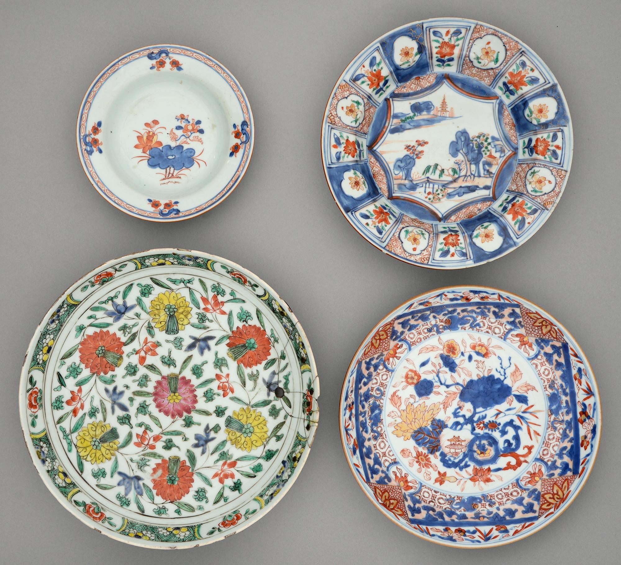 A Chinese Imari saucer dish, two others and a polychrome dish, all 18th c, the dish enamelled with
