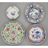 A Chinese Imari saucer dish, two others and a polychrome dish, all 18th c, the dish enamelled with