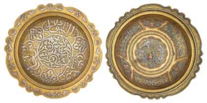 Two brass Cairo ware dishes, Egypt or Syria, late 19th c, with applied silver or silver and copper