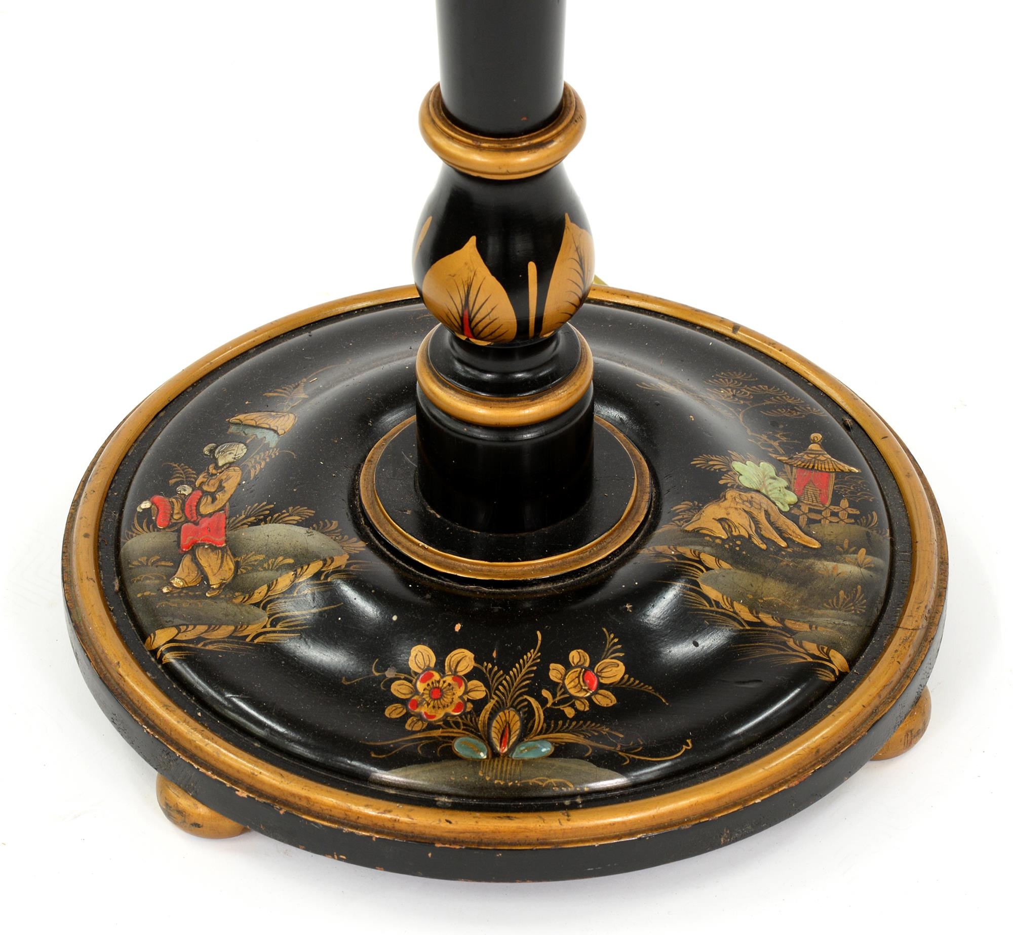 A turned wood and black japanned standard lamp, c1930, decorated with chinoiseries, 152cm h - Image 2 of 2