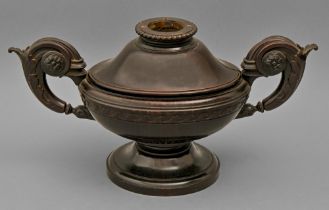 A Neo Classical style carved hardwood oil lamp, 19th c, of urn shape with Vitruvian scroll border