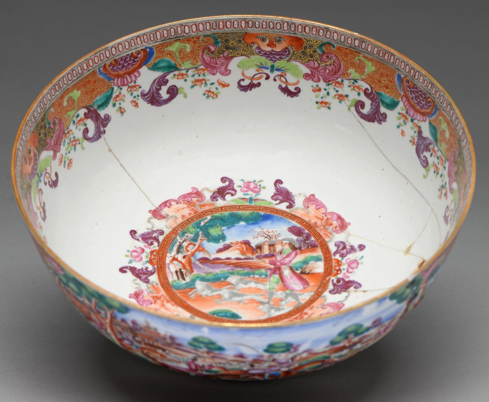 A Chinese European-subject famille rose punch bowl, c1770, enamelled with hunting scenes and - Image 2 of 3