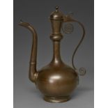 An Indo Persian damascened ewer, aftaba, 18th / early 19th c, finely inlaid with floral motifs in