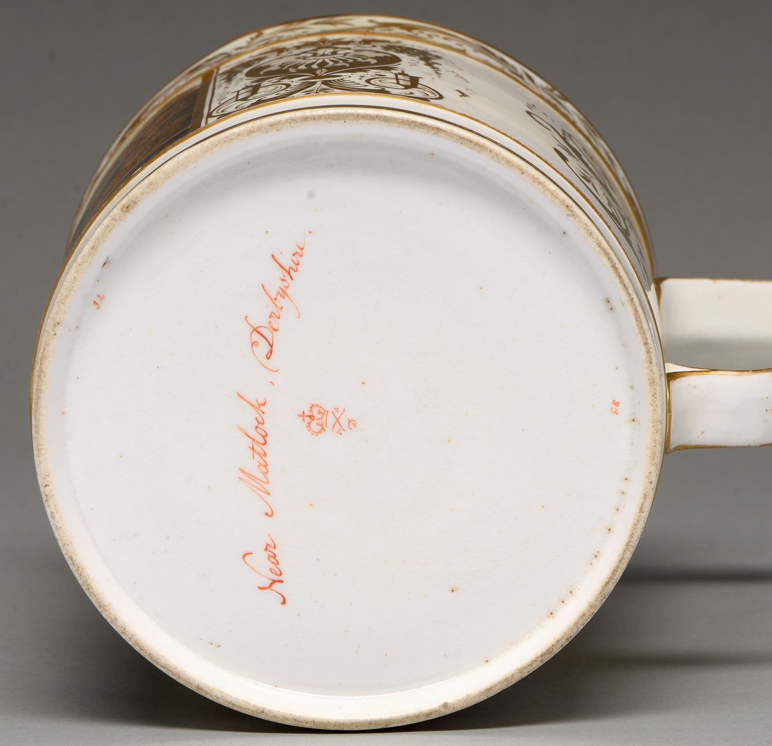 A Derby porter mug, c1820, painted with a rectangular landscape panel with a figure by a river and - Image 2 of 2