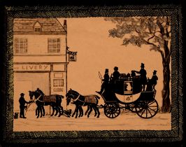 British Profilist, 19th / 20th c - Silhouette of the Mail Coach outside the Swan Inn, cut paper, ink