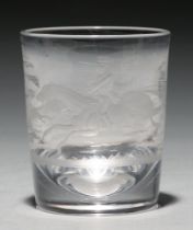 A Victorian glass beaker, mid 19th c, engraved with a continuous fox hunting scene, 10.4cm h