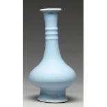 A Chinese clair-de-lune glazed vase, 19th c or later, with three neck rings, 26.5cm h, Kangxi mark
