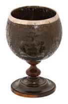 A silver mounted coconut cup, Scottish, 18th c, finely carved with armorials and initials PR
