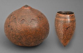 A South East Asian carved gourd box and cover and a similar beaker, 19th c, the beaker intricately