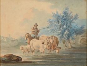 Peter La Cave (1769-1811) - Three Longhorn Cattle, Sheep and a Drover, signed and dated 1801,