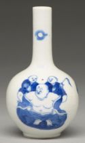 A Chinese blue and white miniature vase, 19th c, painted with Budai, 12cm h, Kangxi mark