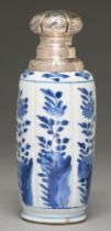 A Chinese blue and white vase, Kangxi period, painted with fruiting or flowering plants growing from