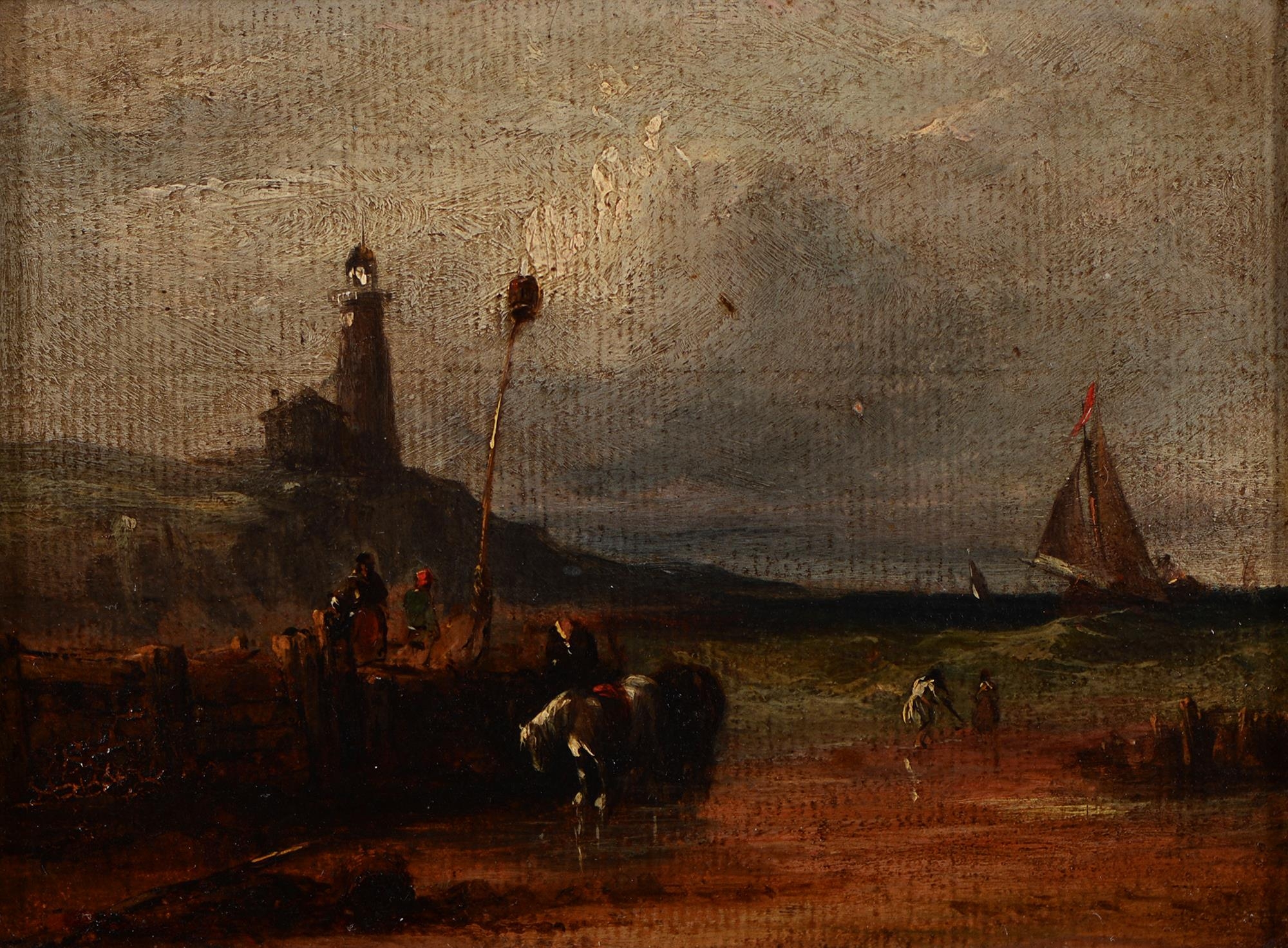 English School, 19th c - Fisherfolk on the Shore, oil on paper laid on board, 11 x 15cm Cleaned or