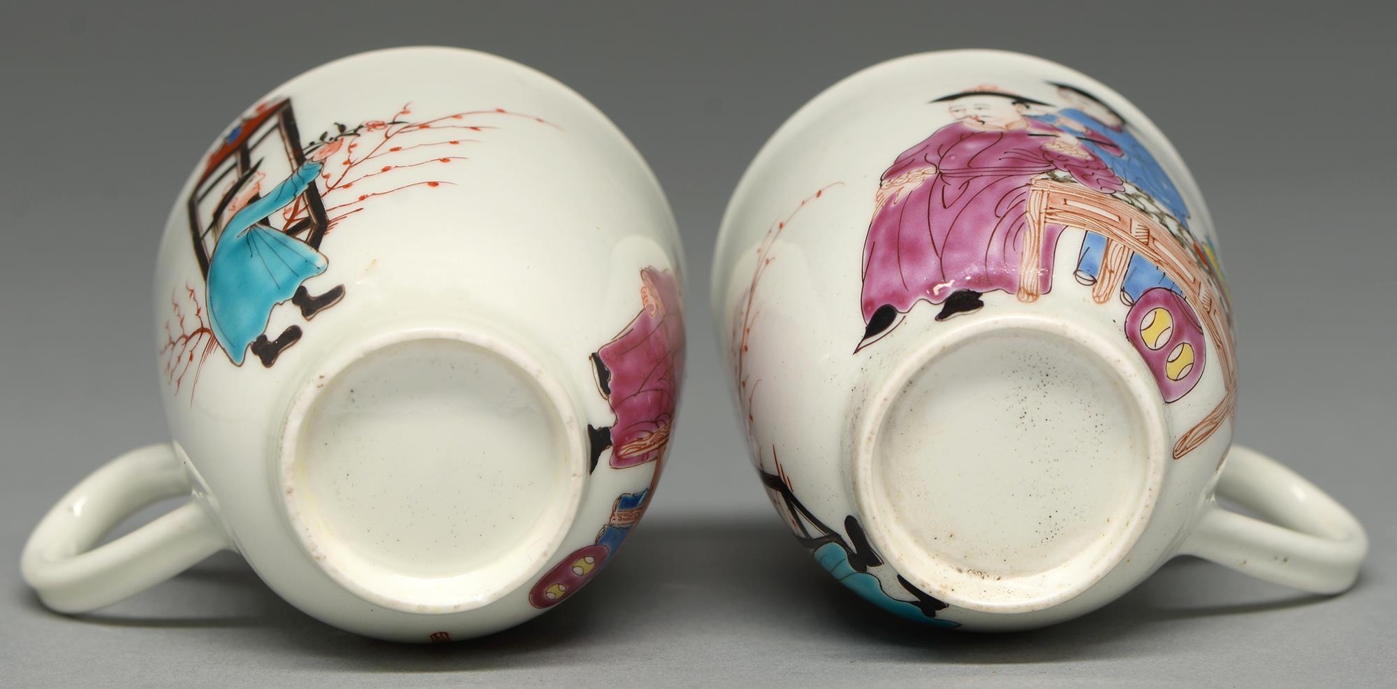 Two Worcester coffee cups, c1765, with underglaze blue border and painted with three Chinese - Image 2 of 2