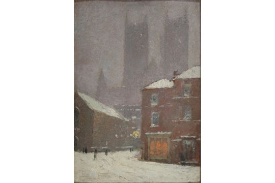 Attributed to Alfred George Webster (1852-1916) - Lincoln Cathedral in the Snow, oil on board, - Image 1 of 3